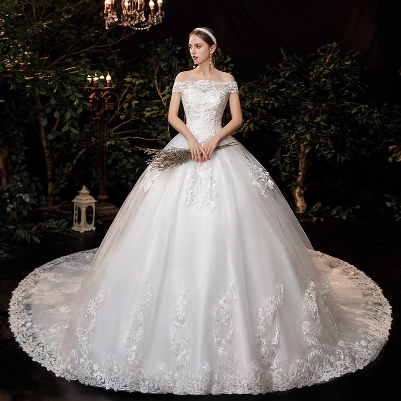 Lace Boat Neck Ball Gown Wedding Dresses Sweetheart Simple Princess Illusion Applique Bridal Gowns Casamento
