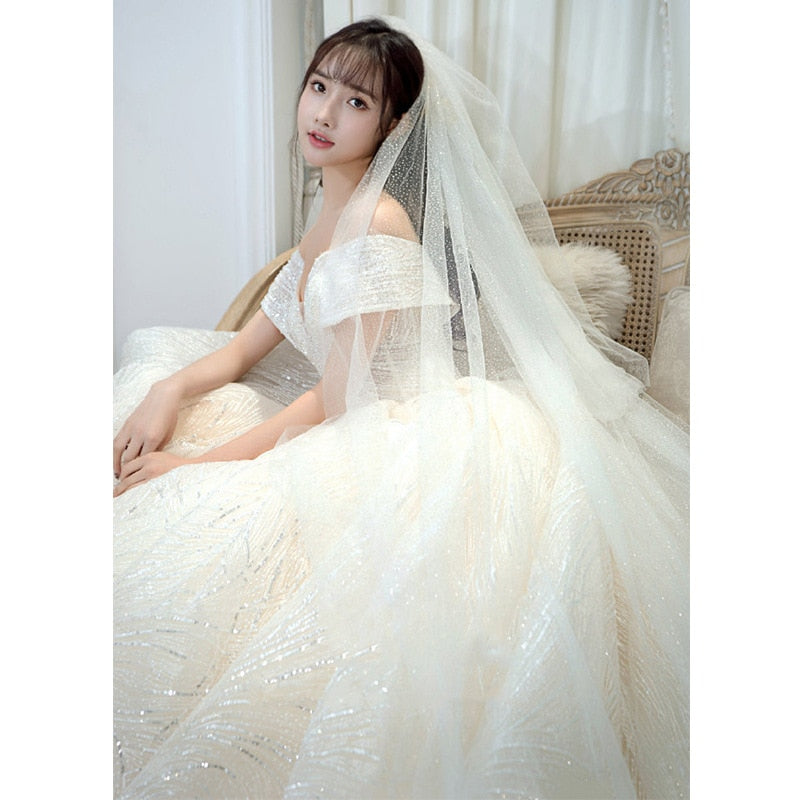 Shining Sequins Luxury Wedding Dress With Sweep Train Elegant Boat Neck Off The Shoulder Ball Gown