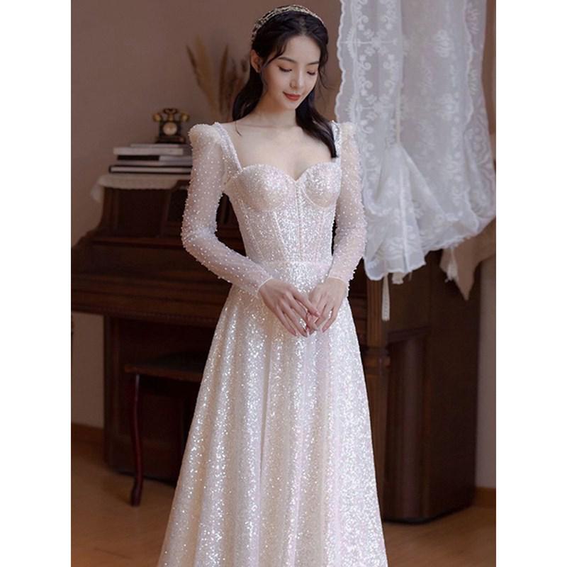 Long Sleeve Sweatheart Neck A Line Wedding Dress