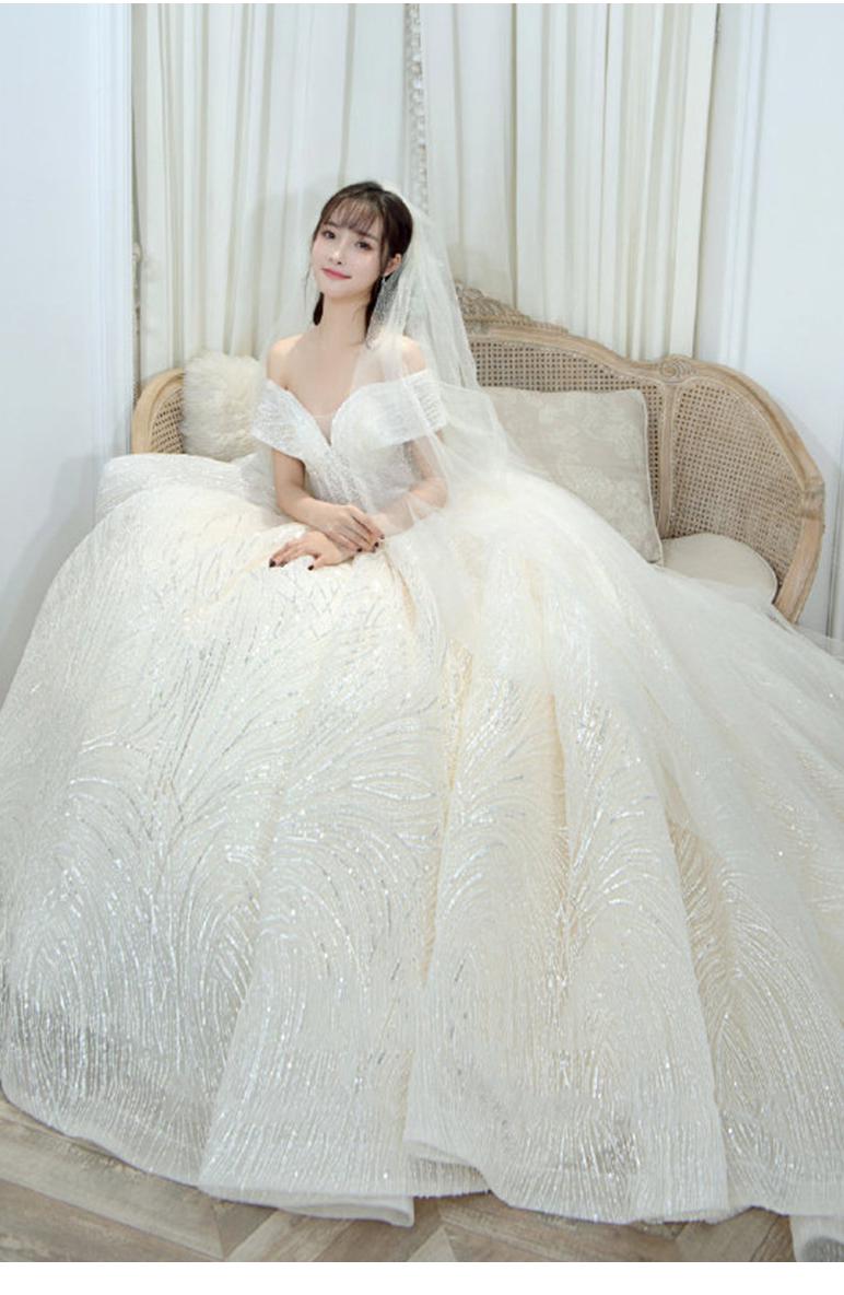 Shining Sequins Luxury Wedding Dress With Sweep Train Elegant Boat Neck Off The Shoulder Ball Gown