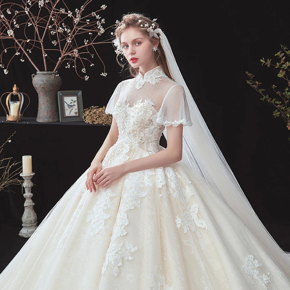 Ball Gown Dress Modern Short Sleeve Luxury Hochzeitskleid High Neck