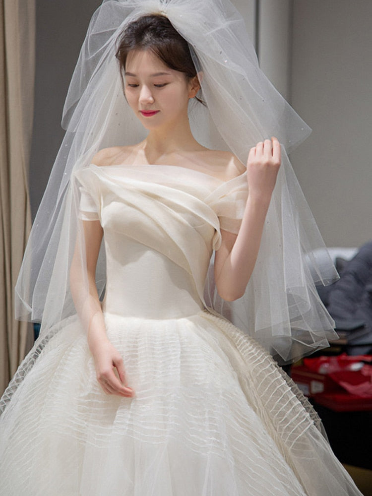 Simple Off The Shoulder Light Ball Gown Tulle Wedding Dress
