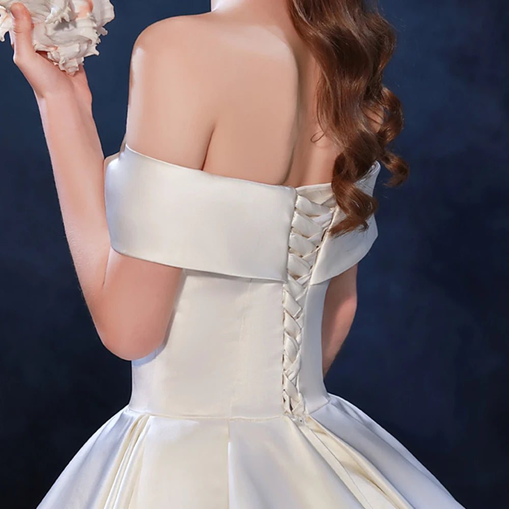 Off The Shoulder Short Sleeve Lace Back Back Best France Satin Wedding Dresses A-Line Simple