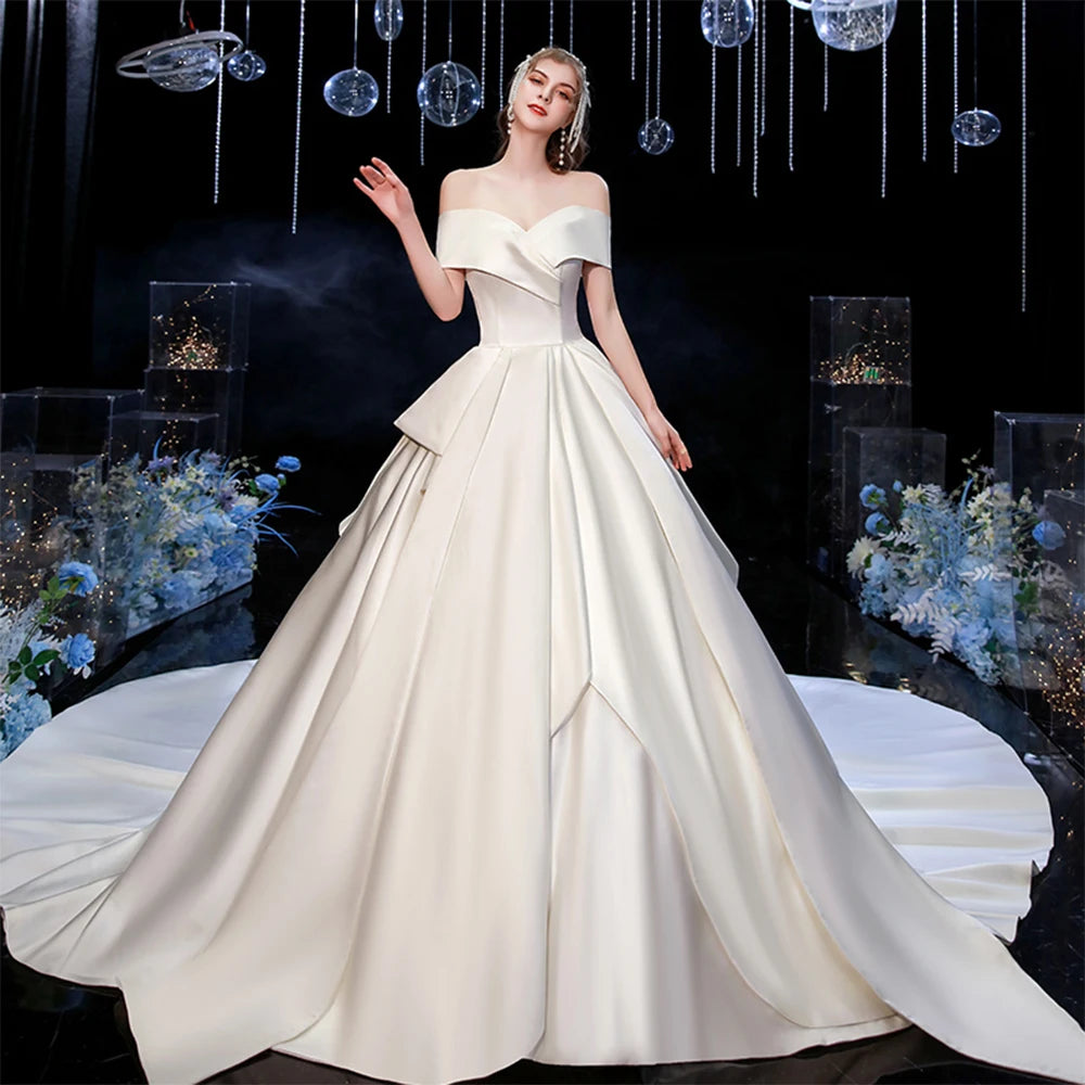 Off The Shoulder Short Sleeve Lace Back Back Best France Satin Wedding Dresses A-Line Simple