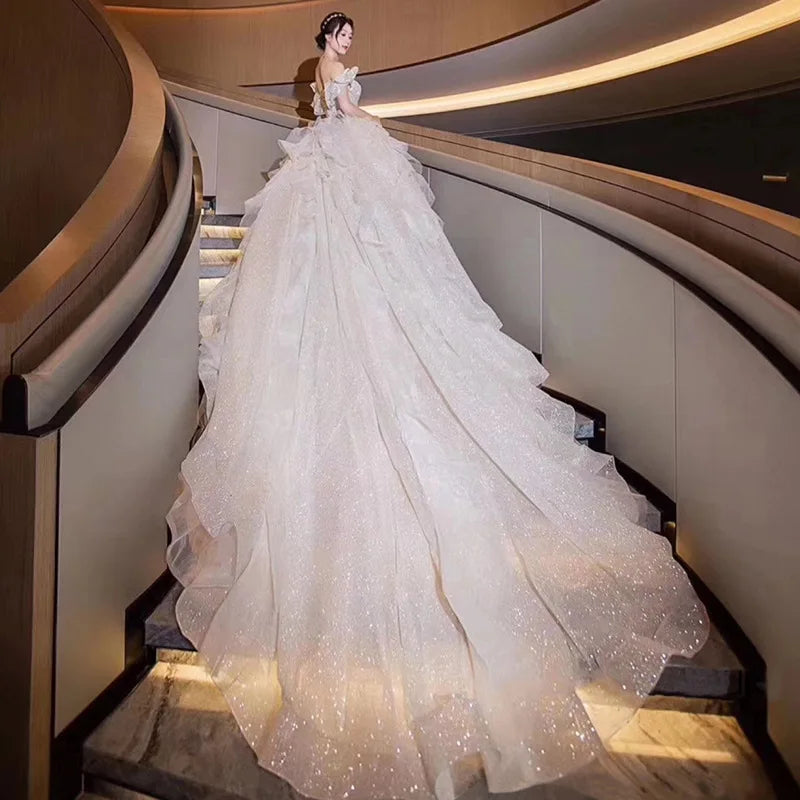 Boat Neck Wedding Dress Luxury Lace Embroidery Bridal Ball Gown Classic Off The Shoulder