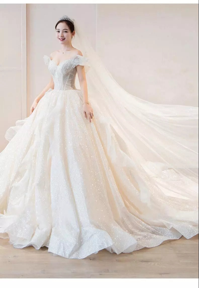 Boat Neck Wedding Dress Luxury Lace Embroidery Bridal Ball Gown Classic Off The Shoulder
