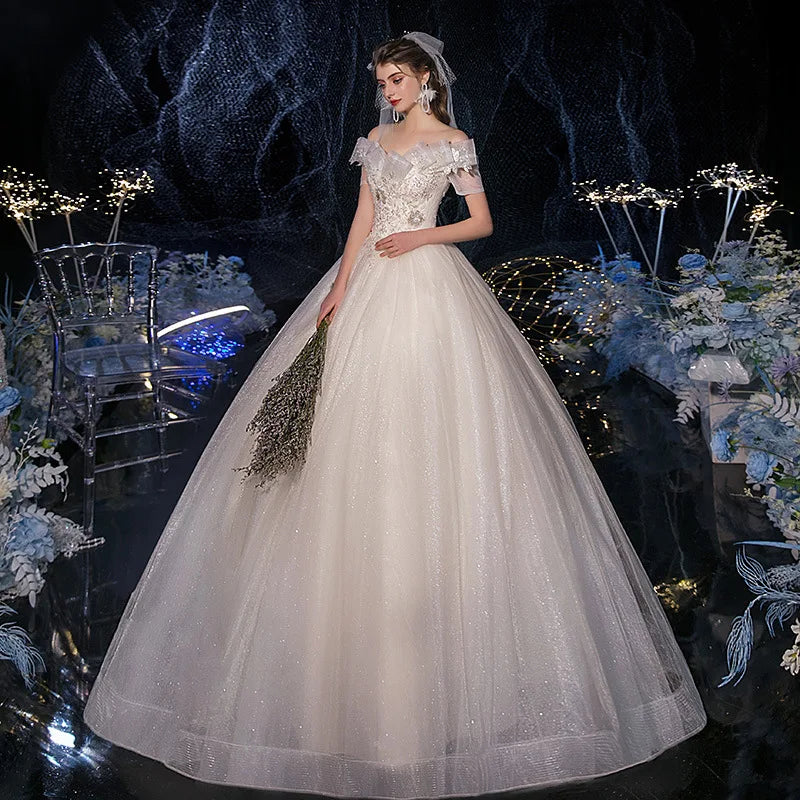 Lace Appliques Sweet Elegant Off Shoulder Sequined Bride Princess Gowns