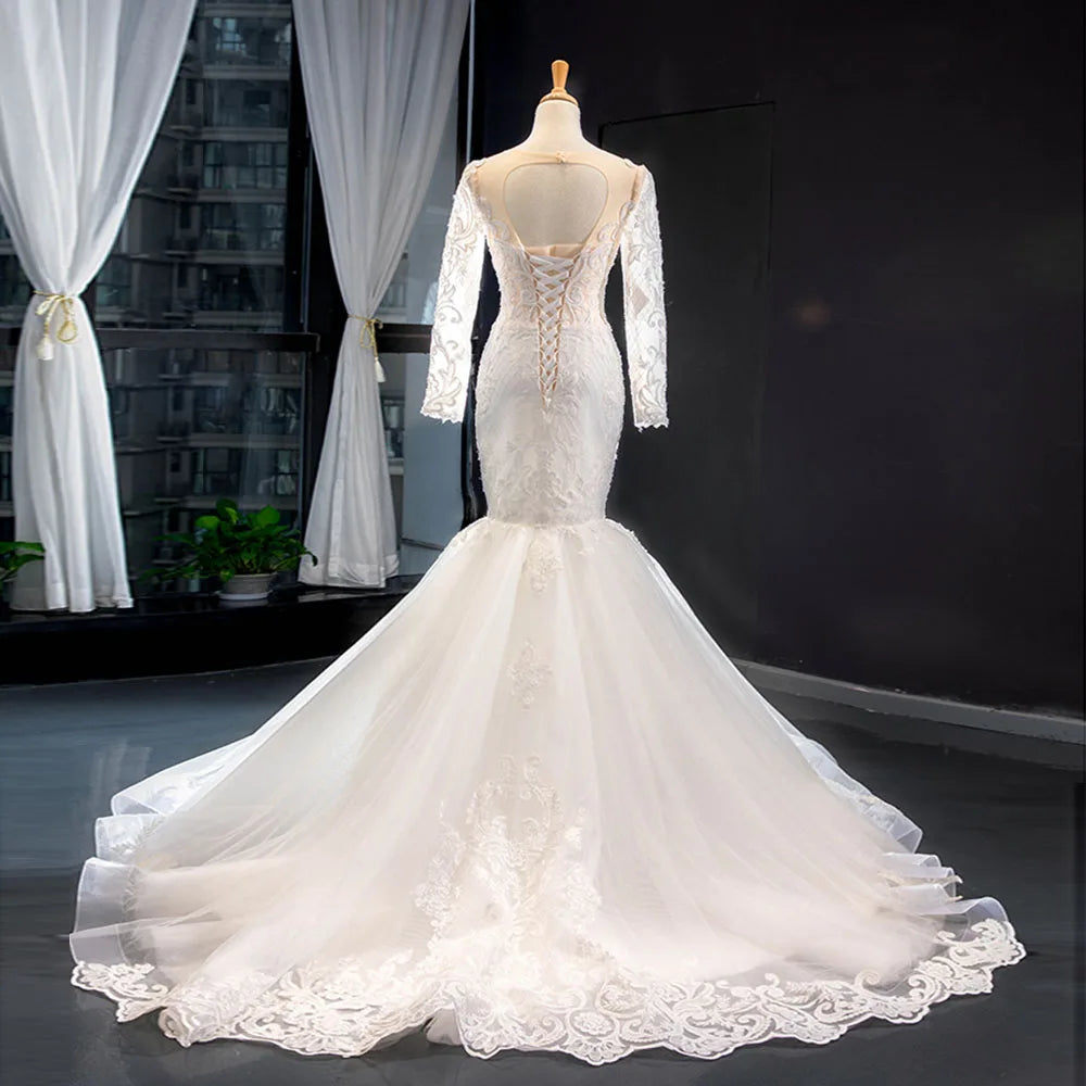 2 Pieces Appliques Lace Long Sleeve Wedding Mermaid Dress With Detachable Chapel Train