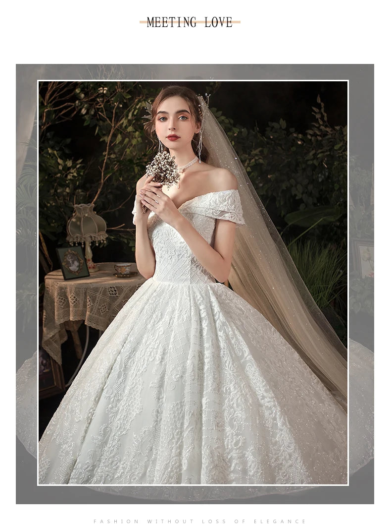 Glitter White Long Lace Sequin Royal Train Bride Gowns
