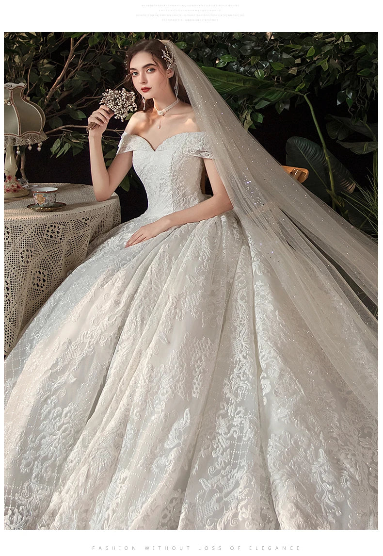 Glitter White Long Lace Sequin Royal Train Bride Gowns