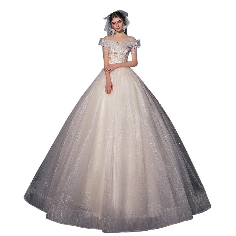 Lace Appliques Sweet Elegant Off Shoulder Sequined Bride Princess Gowns
