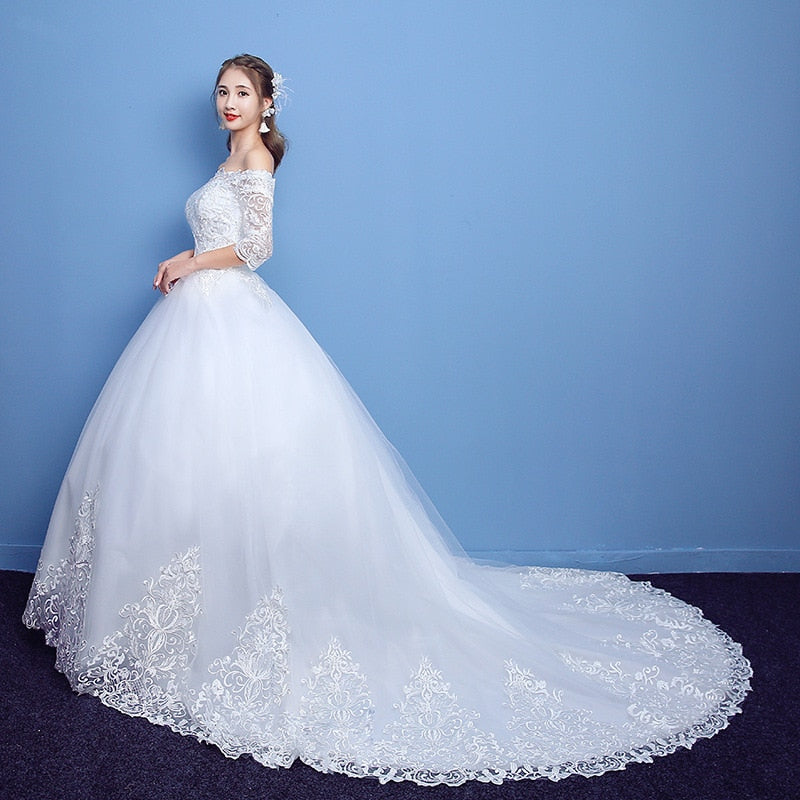 Wedding Dress 2023 Luxury Lace Half Sleeve Boat Neck Wedding Gown With Train Lace Up Vestido De Noiva Plus Size