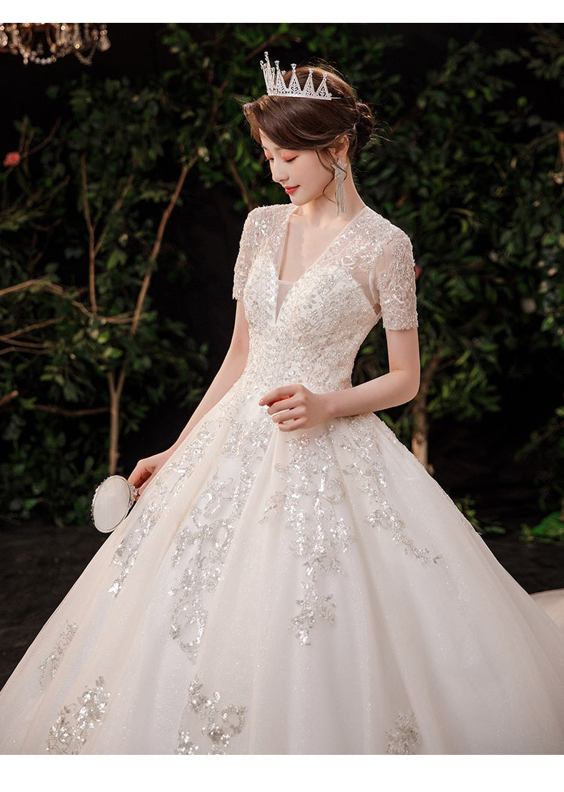 Luxury Handmade Custom Made Wedding Dress With Sweep Train Sexy V Neck Bridal Ball Gown Lace Beading Short Sleeve Dress