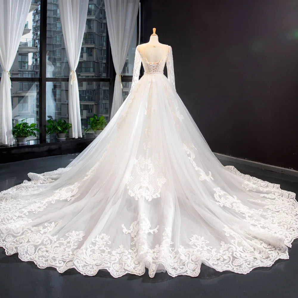 2 Pieces Appliques Lace Long Sleeve Wedding Mermaid Dress With Detachable Chapel Train
