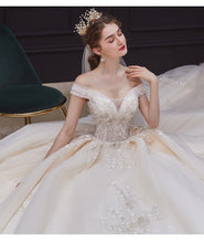 Load image into Gallery viewer, Luxury Handmade Boat Neck Wedding Dress With Train Lace Flower Bridal Dress Elegant Off The Shoulder Ball Gown Robe De Mariee
