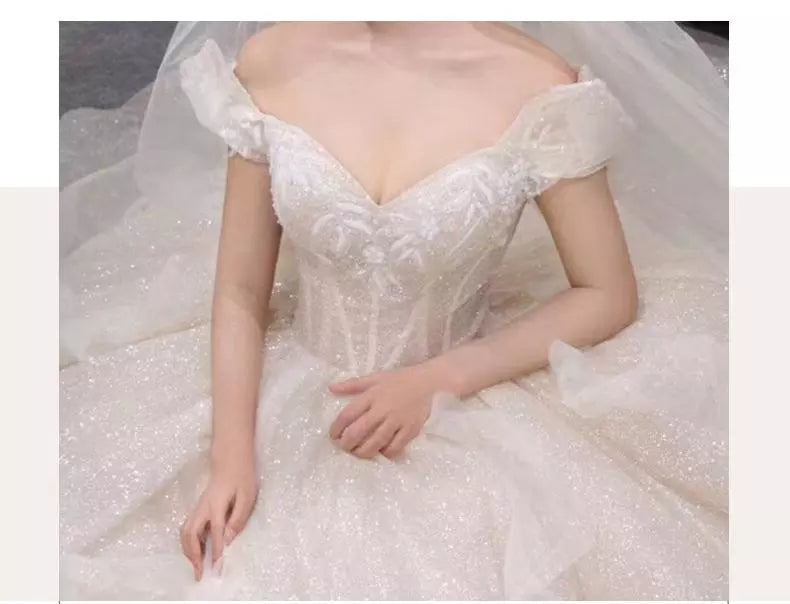 Boat Neck Wedding Dress Luxury Lace Embroidery Bridal Ball Gown Classic Off The Shoulder