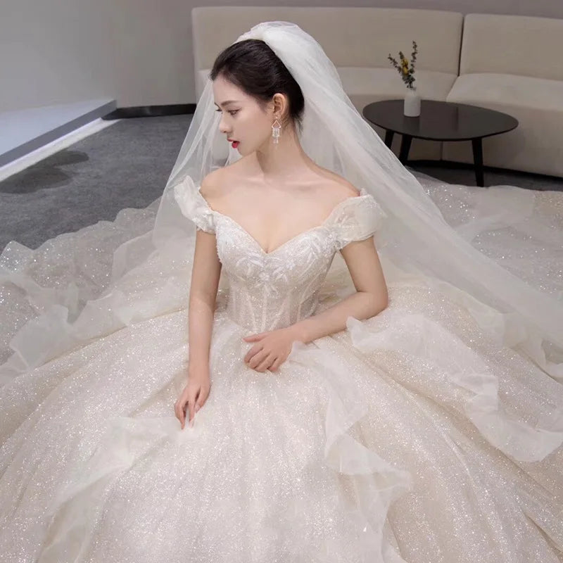 Boat Neck Wedding Dress Luxury Lace Embroidery Bridal Ball Gown Classic Off The Shoulder