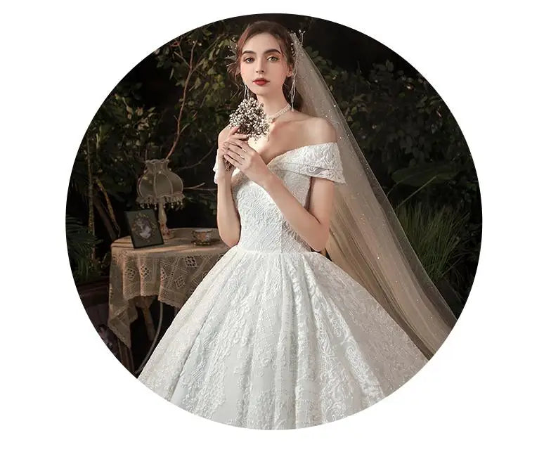 Glitter White Long Lace Sequin Royal Train Bride Gowns