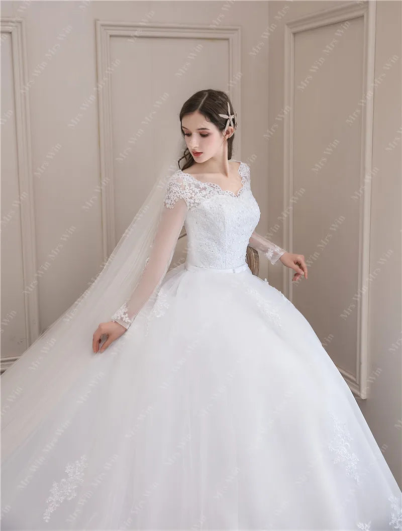 Full Sleeve Sexy V-neck Bride Floor Dress
