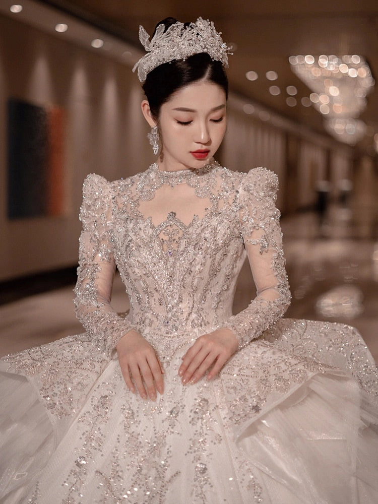 Long Train Wedding Dress Ball Gown Long Sleeve Winter Beading Wedding Gowns