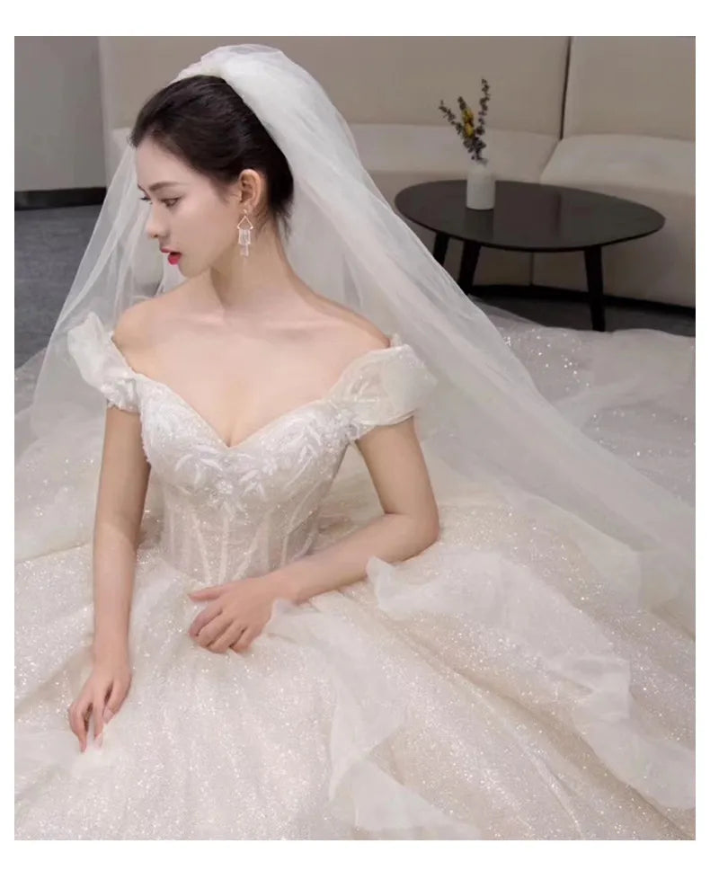 Boat Neck Wedding Dress Luxury Lace Embroidery Bridal Ball Gown Classic Off The Shoulder