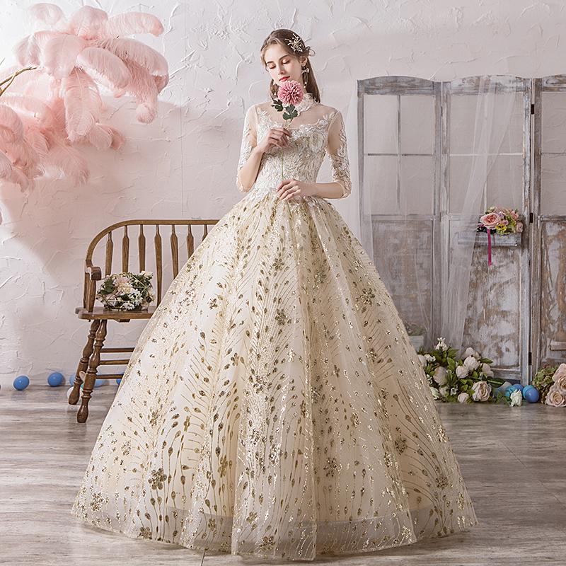 Wedding Dress 2023 Half Sleeve High Neck Lace Up Ball Gown Princess Champagne Vintage Wedding Dresses Hs778
