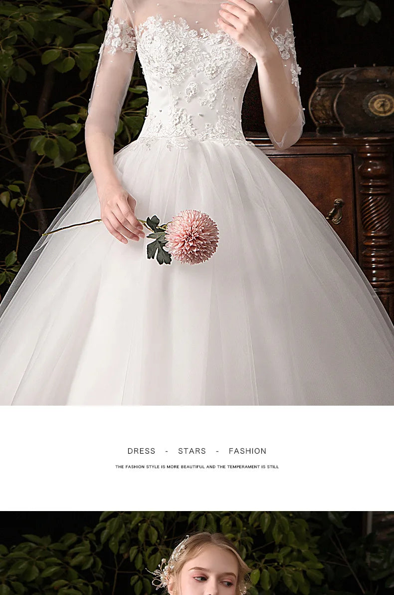 Simple Large Long Sleeve Wedding Dress O-neck Tulle Bridal Dress