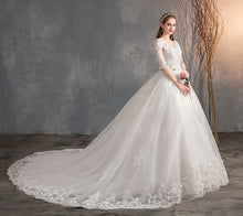 Load image into Gallery viewer, Lace Embroidery Half Sleeve Wedding Dresses Long Train Wedding Gown Belt V Neck Elegant
