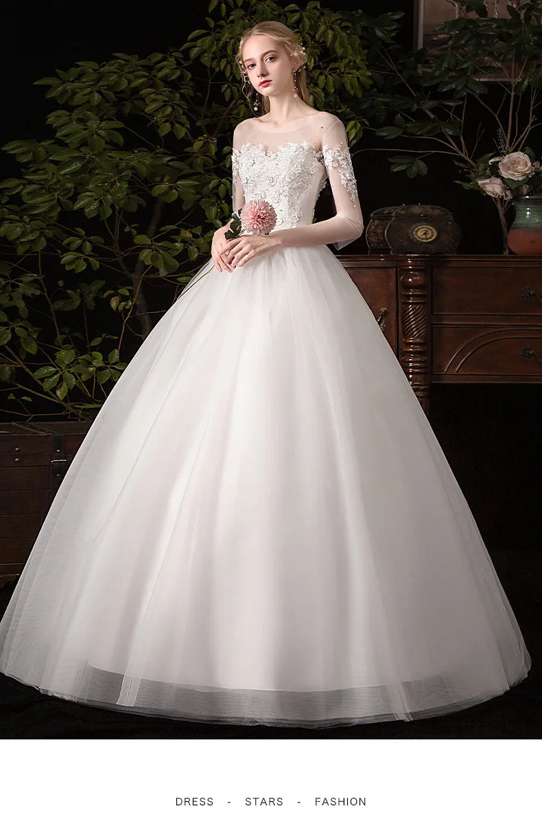 Simple Large Long Sleeve Wedding Dress O-neck Tulle Bridal Dress