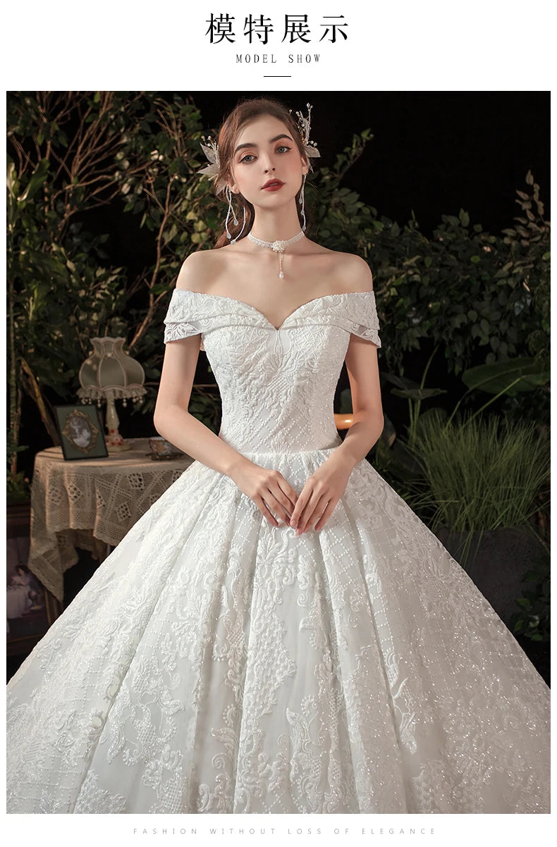 Glitter White Long Lace Sequin Royal Train Bride Gowns