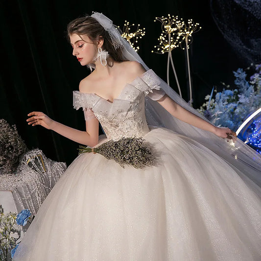 Lace Appliques Sweet Elegant Off Shoulder Sequined Bride Princess Gowns