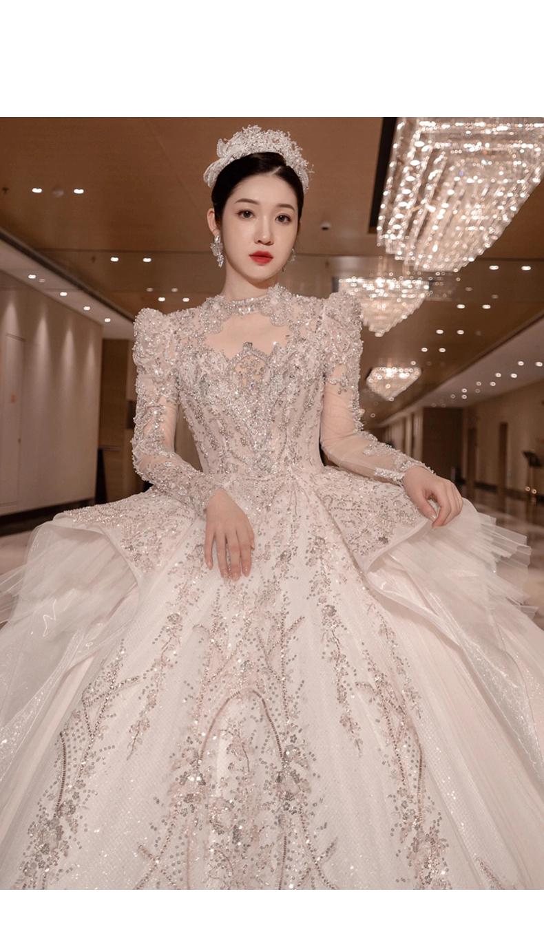 Long Train Wedding Dress Ball Gown Long Sleeve Winter Beading Wedding Gowns