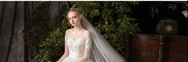 Simple Large Long Sleeve Wedding Dress O-neck Tulle Bridal Dress