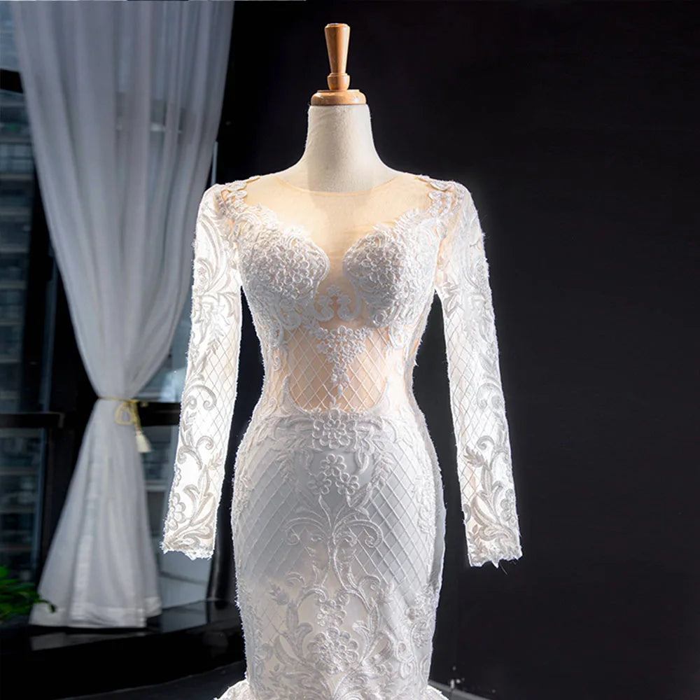 2 Pieces Appliques Lace Long Sleeve Wedding Mermaid Dress With Detachable Chapel Train
