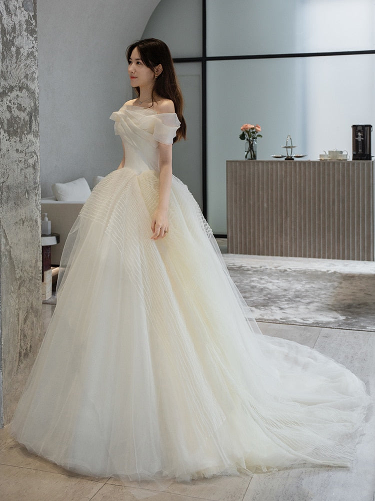 Simple Off The Shoulder Light Ball Gown Tulle Wedding Dress