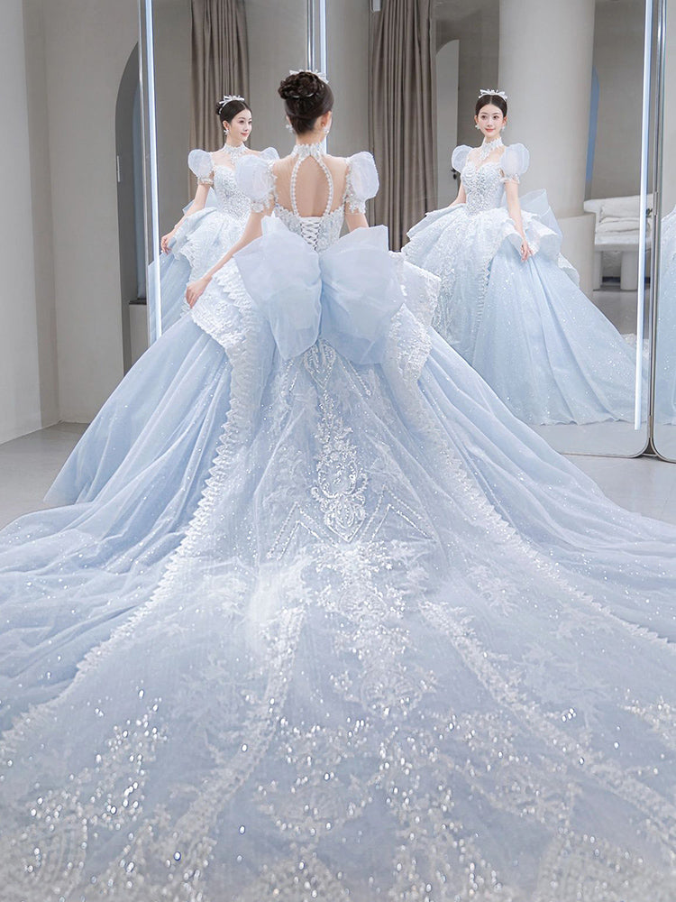 Blue French puffed sleeve big train winter wedding dress