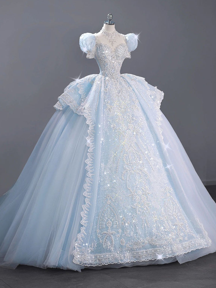 Blue French puffed sleeve big train winter wedding dress