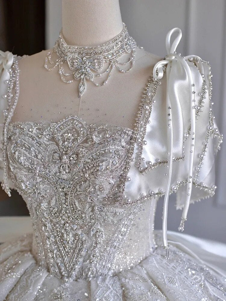 Boat Neck With Pearl Lace Up Bridal Short Sleeve Glittery Flower Satin Wedding Dress