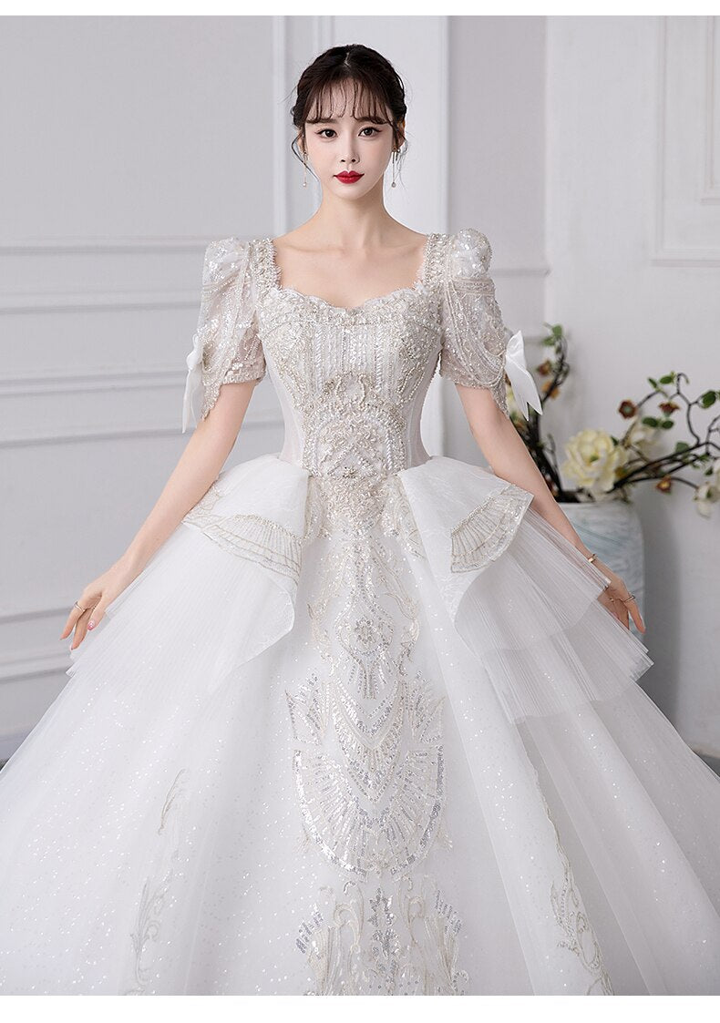 Luxury Short Sleeve With Bow Lace Up Bridal Ball Gown