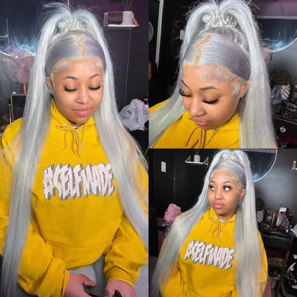 250 Density 13x6 Silver Grey Straight HD 613 Colored Lace Front Wig