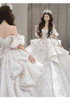 Load image into Gallery viewer, Boat Neck Satin Sweep Train Princess Wedding Gown Lace Embroidery
