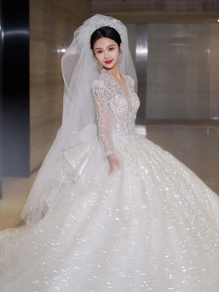 Luxury Glittery Long Sleeve Lace Up Bridal Dress