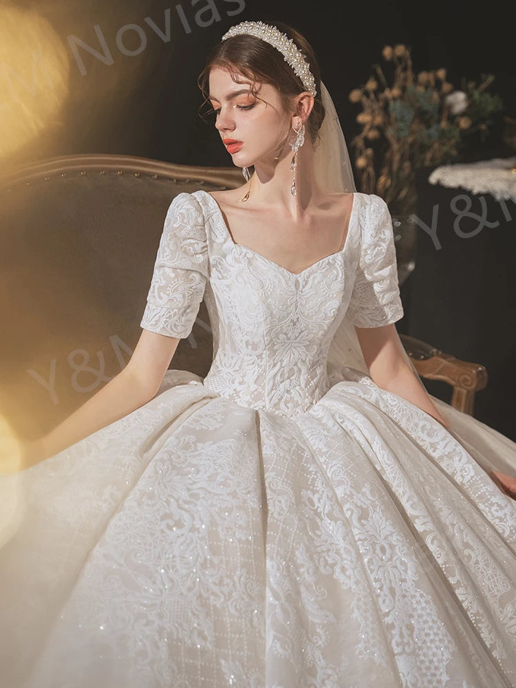 Glitter White Long Lace Sequin Royal Train Bride Gowns