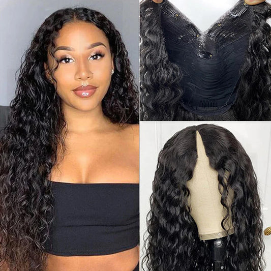 30 40 Inch V Part Wig Human Hair Curly deep wave Glueless Wigs No Leave Out No Glue Natural Black Ready to Wear Brazilian Hair