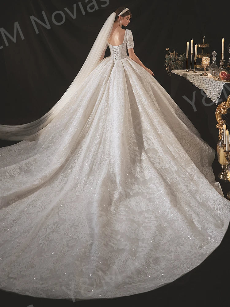 Glitter White Long Lace Sequin Royal Train Bride Gowns