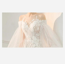 Load image into Gallery viewer, Lace Up Wedding Dress Simple Lantern Sleeve Lace Applique Bridal Dress
