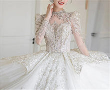 Load image into Gallery viewer, High Neck Full Sleeves Ball Crystal Bridal Gowns Sequin Pearls
