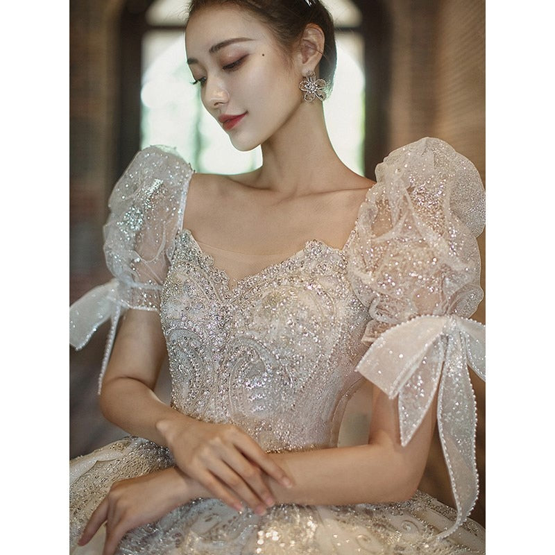 Short Sleeve Embroidered Tulle Ball Gown Wedding Gowns Shinny Princess