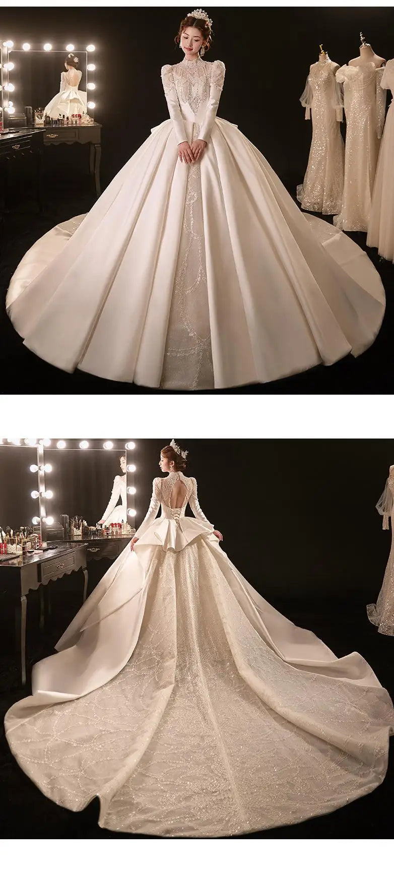 Exquisite Vintage Wedding Dress Long Sleeve Lace Up Floor-length Beading Bridal Gown