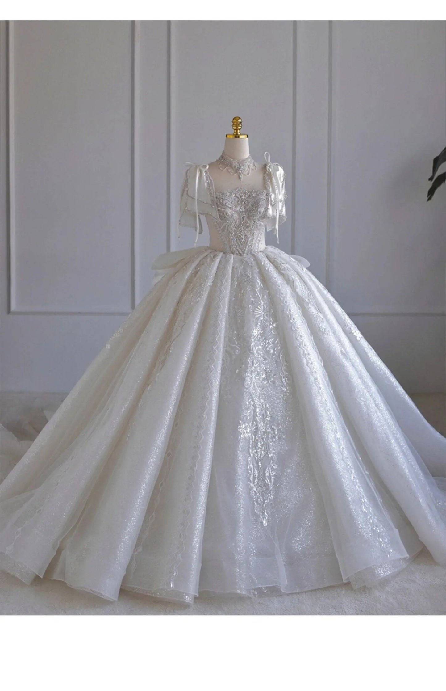 Boat Neck With Pearl Lace Up Bridal Short Sleeve Glittery Flower Satin Wedding Dress